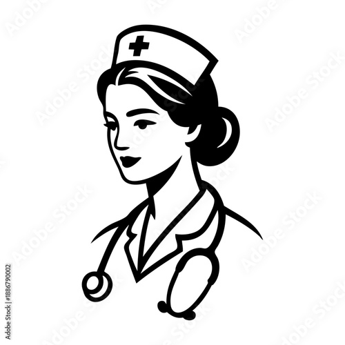 Dibujo sencillo con líneas de cara de mujer enfermera con estetoscopio 