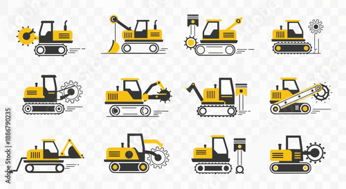 Modern Heavy Construction Vehicles Tracked Equipment Set Digital Vector Icons For Industry Use