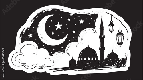 ramadan doodle-0This dramatic black and white vector illustration features a mosque silhouette under a starry night sky with a crescent moon and decorative lanternsT