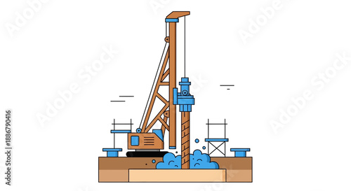 Modern Foundation Drilling Equipment Working At An Active Urban Construction Site Illustration