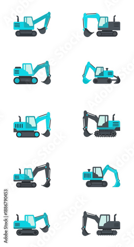 Modern Heavy Duty Excavator Machines Collection For Construction Projects Vector Design