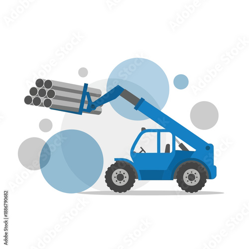 Modern Heavy Duty Telehandler Efficiently Lifting Steel Pipes On Construction Site Progress