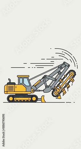 Modern Heavy Duty Trenching Machine Flat Line Illustration Vector Artwork