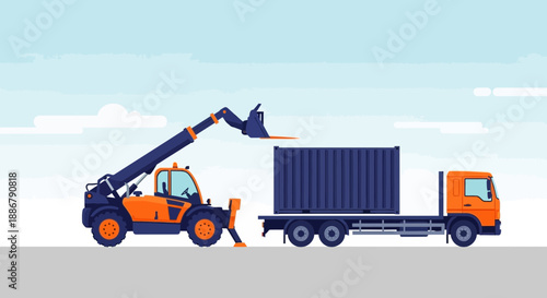 Modern Heavy Equipment Telehandler Loading Freight Container On Flatbed Truck
