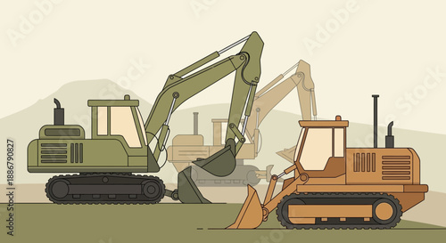 Modern Heavy Equipment Vector Illustration Showing Construction Excavators And Bulldozers