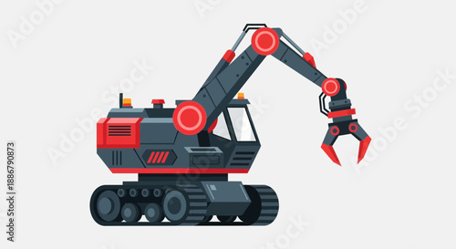 Modern Heavy Industrial Excavator Machine With Powerful Robotic Claw Vector Illustration