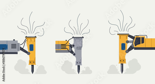 Modern Heavy Industrial Hydraulic Breaker Equipment Vector Art Collection In Action