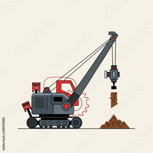 Modern Heavy Industrial Excavator Digging Earth On A Construction Site Vector Illustration Graphic