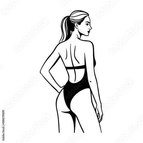 Vacaciones de verano. Dibujo sencillo con líneas de una mujer de espaldas con bañador