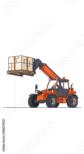Modern Heavy Telehandler Machinery Safely Lifting Cardboard Pallet Boxes Illustration