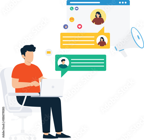 Man working laptop computer digital marketing social media online chat business communication flat design megaphone announcement web interface customer engagement
