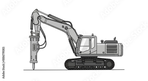 Modern Hydraulic Breaker Excavator Machine Used For Demolition And Rock Breaking Operations On