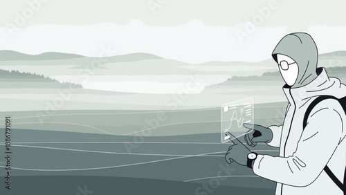 Modern Hiker Using Augmented Reality Interface On Mountain Landscape Background