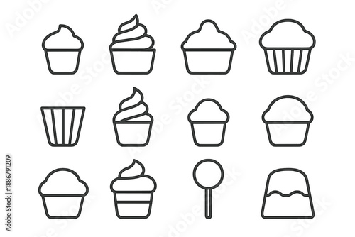 Cupcake Outline Icons. Cupcake silhouettes. Line outline icon set of Cupcake silhouettes: small silhouette,