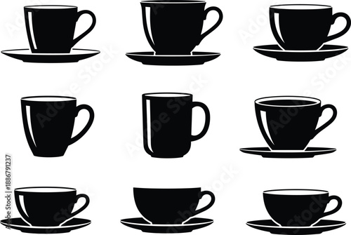 Coffee cup silhouette icon collection isolated on white background showing mugs and teacups for cafe menu, beverage branding, vector illustration