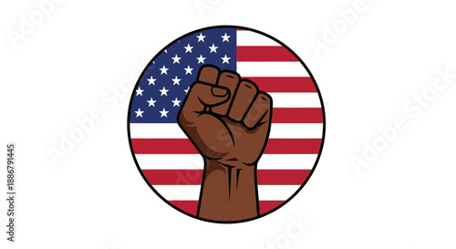 A raised fist with a dark skin tone is shown in front of the American flag.