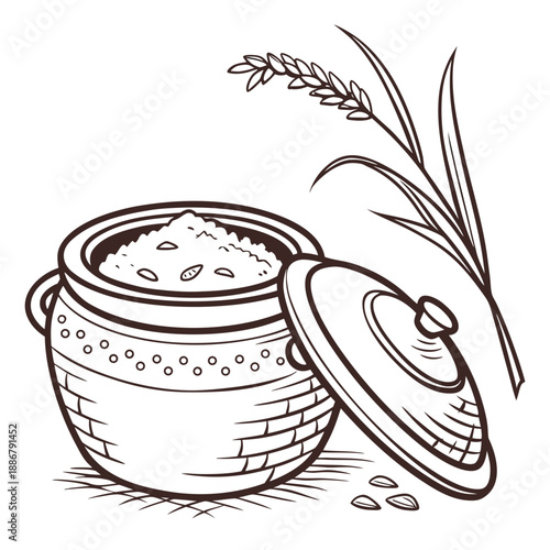 Traditional clay rice cooker with lid, rustic village kitchenware, earthenware cooking pot for authentic meals, simple design.