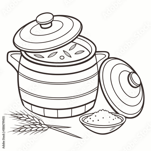 Traditional clay rice cooker with lid, rustic village kitchenware, earthenware cooking pot for authentic meals, simple design.