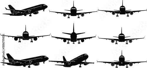 Commercial airplane silhouette collection showing jet aircraft takeoff and landing views isolated on white background for aviation, travel, vector illustration
