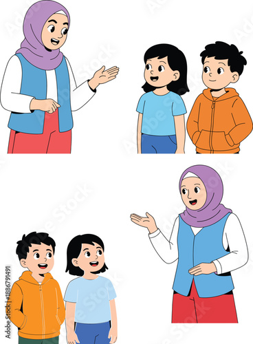 A friendly Muslim female teacher wearing a purple hijab and blue vest teaching two young students in a classroom setting with flat vector illustration style
