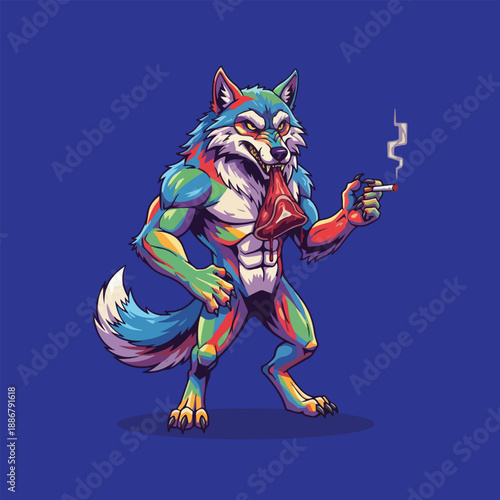 Vibrant Pop Art Wolf Character Smoking a Cigarette with Meat