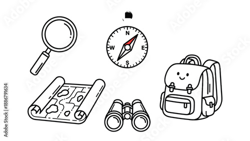 Adventure Essentials: Embark on a journey with this illustrative collection of must-have travel tools, perfect for navigating any expedition. Featuring a map, compass, binoculars, magnifying glass.