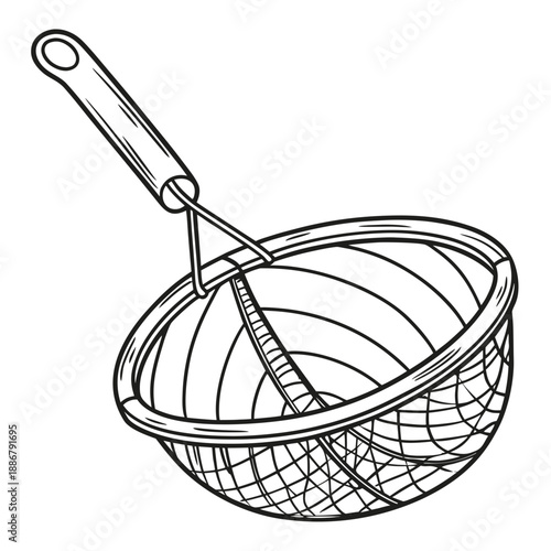 Traditional village metal mesh oil strainer, a rustic and essential kitchen tool for cooking, highlighting artisanal craftsmanship and simple utility.
