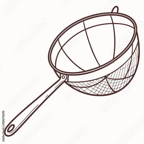Rustic village metal mesh oil strainer, traditional kitchen tool, clean and simple design, perfect for cooking blogs and culinary content.