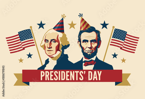 Presidents' Day celebration with George Washington and Abraham Lincoln portraits, American flags, and party hats illustration