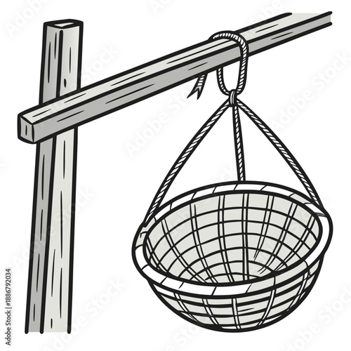 Clean, woven sieve hanging in a village kitchen, perfect for straining ingredients and rustic food preparation.