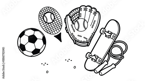Sports Equipment Collection: A diverse collection of sports equipment, artfully arranged and ready for action. Includes a soccer ball, tennis racket, baseball glove, skateboard, and jump rope.