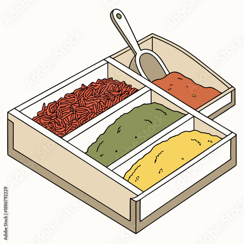 Local market spice display scoop set, clean vintage brass scoops for serving fragrant spices, adding a touch of exotic elegance to kitchens.