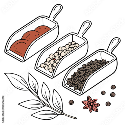 Local market spice display scoop set, clean vintage brass scoops for serving fragrant spices, adding a touch of exotic elegance to kitchens.