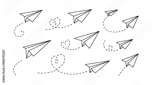 Many paper airplanes flying in different directions with dotted lines on white background