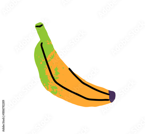 Ripe banana with yellow peel. Icon of tropical fruit. Healthy exotic food from jungle. Organic snack, natural eating. Fresh and tasty dessert. Flat isolated vector illustration on white background