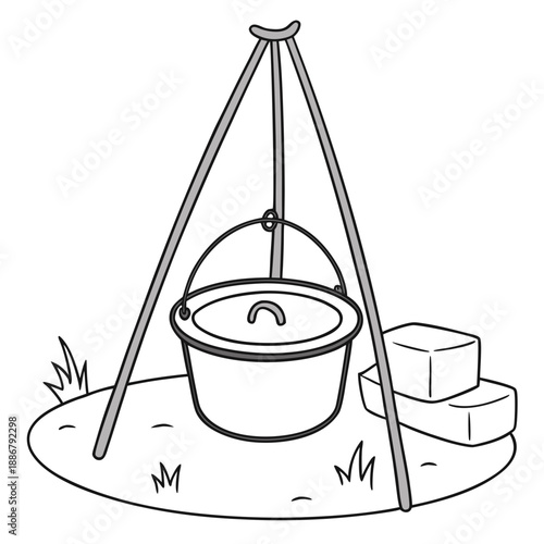 Village cooking pot stand, a circular metal minimalist base to elevate traditional cooking pots, ensuring even heat distribution for authentic meals.