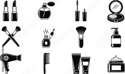 Makeup and beauty cosmetic silhouette icon set including lipstick, brush, perfume isolated on white background for fashion, salon, vector design