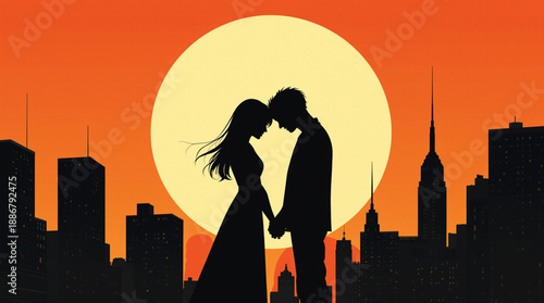 A romantic urban sunset scene with silhouetted couple holding hands against a large sun