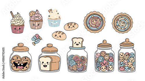 Sweet Treat Delight: An array of adorable pastries, cakes, and cookies, each with its own charming expression. The delightful arrangement promises a taste of sweetness and delight.