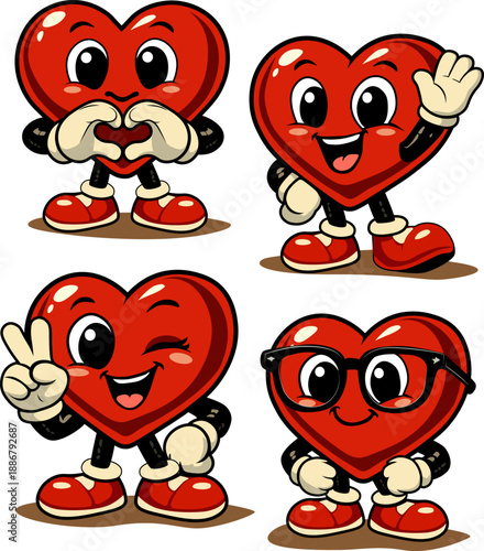Set of cute heart characters showing different emotions and gestures. Perfect for love, Valentine’s Day, and romantic designs.