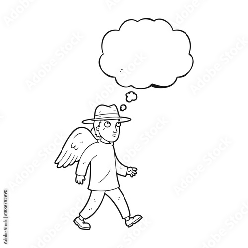 Thoughtful angel walking with empty thought bubble