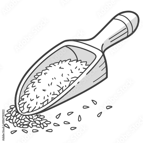 Minimalist local market rice grain measuring scoop, a simple, clean wooden utensil for accurate portioning of grains. Traditional kitchen tool.