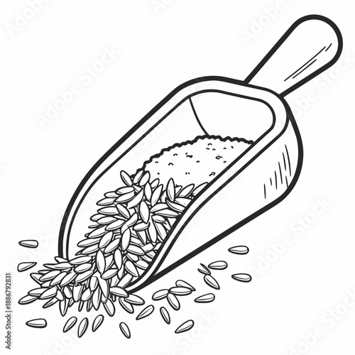 Minimalist local market rice grain measuring scoop, a simple, clean wooden utensil for accurate portioning of grains. Traditional kitchen tool.