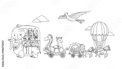 Whimsical Animal Caravan: A playful parade of animated creatures embarks on an adventure, each riding unique vehicle. This illustration brings to life a fantastical journey, designed to spark joy. 