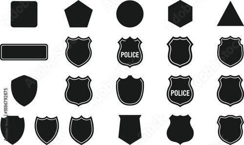 Shield badge silhouette icon set including police emblem shapes isolated on white background for security, law enforcement, heraldry design, vector illustration