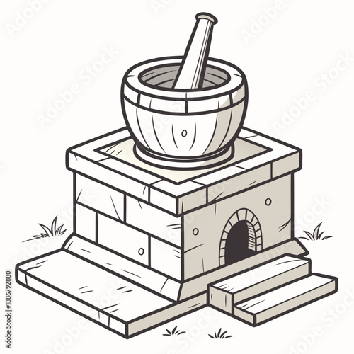 Flat view of a village cooking stove clay base, a rustic, traditional earthenware hearth element for outdoor or historical cooking. Earthy tones.