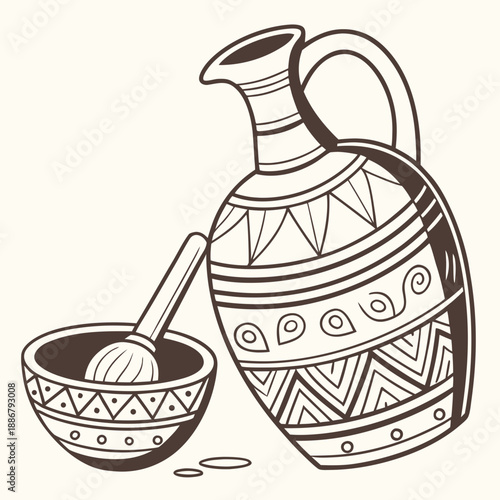 Handcrafted village pottery water scoop, a traditional, rustic clay vessel for fetching water. Simple, natural kitchenware for everyday use.