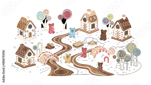 Whimsical Confectionary Wonderland: A charming illustration depicts a sweet and imaginative world, where gingerbread houses, candy trees, and gummy bears converge, evoking a sense of childlike wonder.
