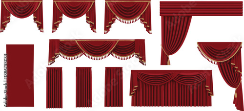 Luxury Red Velvet Theater Curtains and Golden Tassel Pelmet Set Isolated on White Background for Stage Performance, Cinema Backgrounds, and Grand Opening Event Designs