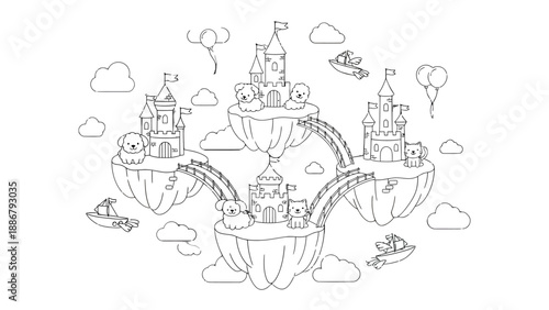 Fantasy Castle Illustration: Whimsical castles, connected by bridges, float amidst clouds, creating a scene from a fairy tale.